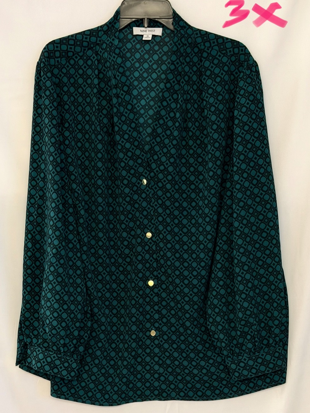 Nine West Teal and Black Geometric Button-Down Blouse